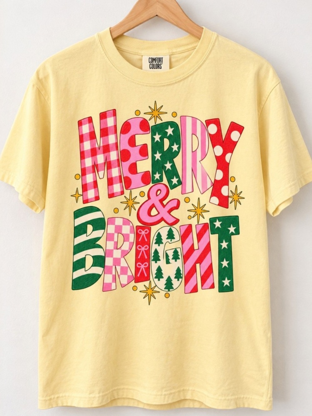 Comfort Colors Merry & Bright Christmas Trees Plaid Polka Dots Stars T-Shirt